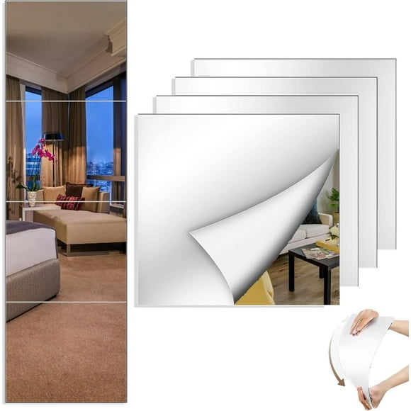 ERDS-4 Pack Mirror Wall Full Length, 12X14 Inch Acrylic Mirror, Wall Mirror Full Length for Bedroom, Home Gym, Door, or Dorm, Full Body Mirror Tiles, Mirror Stickers for Walls,Mirror Sheets(Thickness