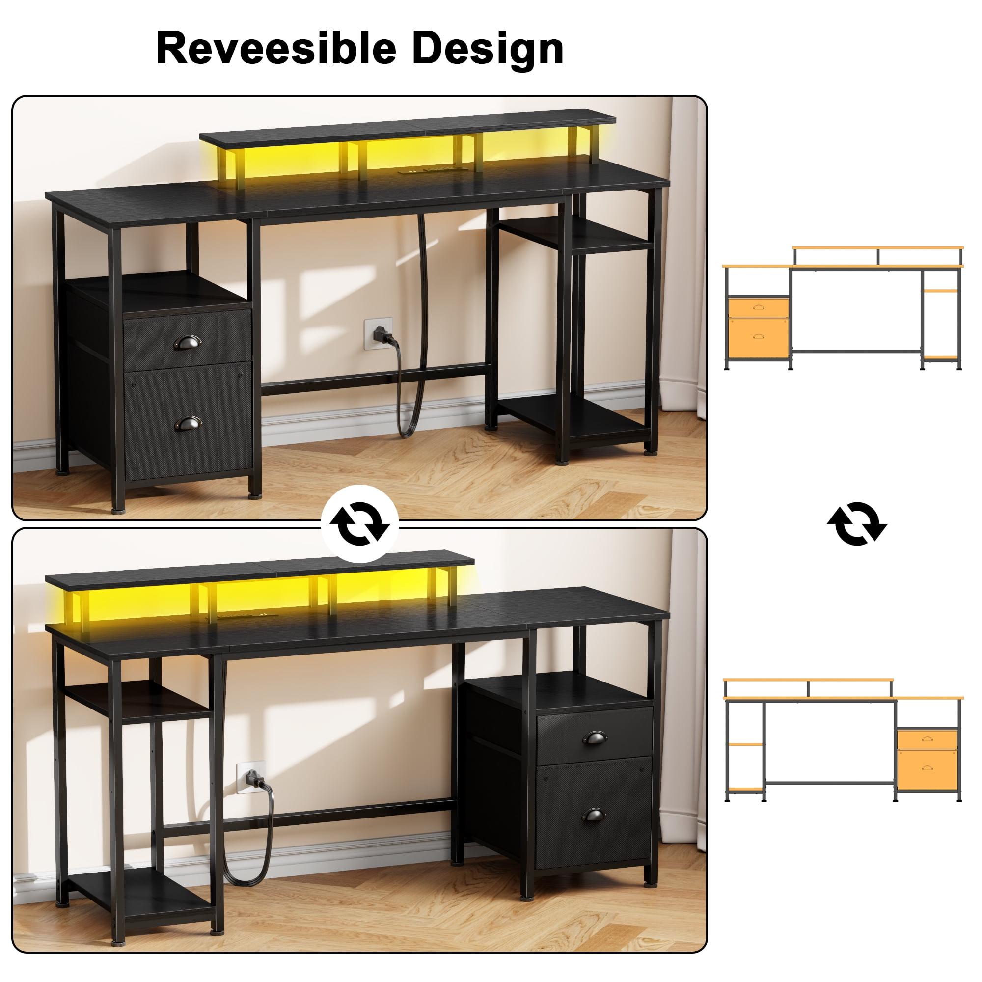Satifur 61" Reversible 2-Tier Computer Desk with Power Outlet, LED Lights, File Cabinet & Storage Shelves,Black