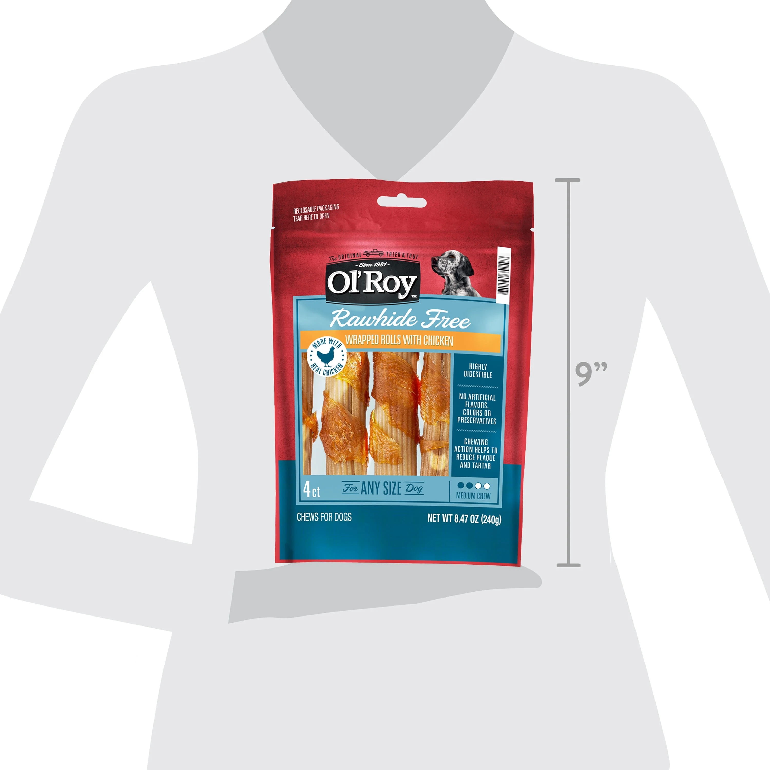 Ol' Roy Rawhide Free Wrapped Rolls with Chicken for Any Size Dogs, Dry, 8.47 oz Bag, 4 Count