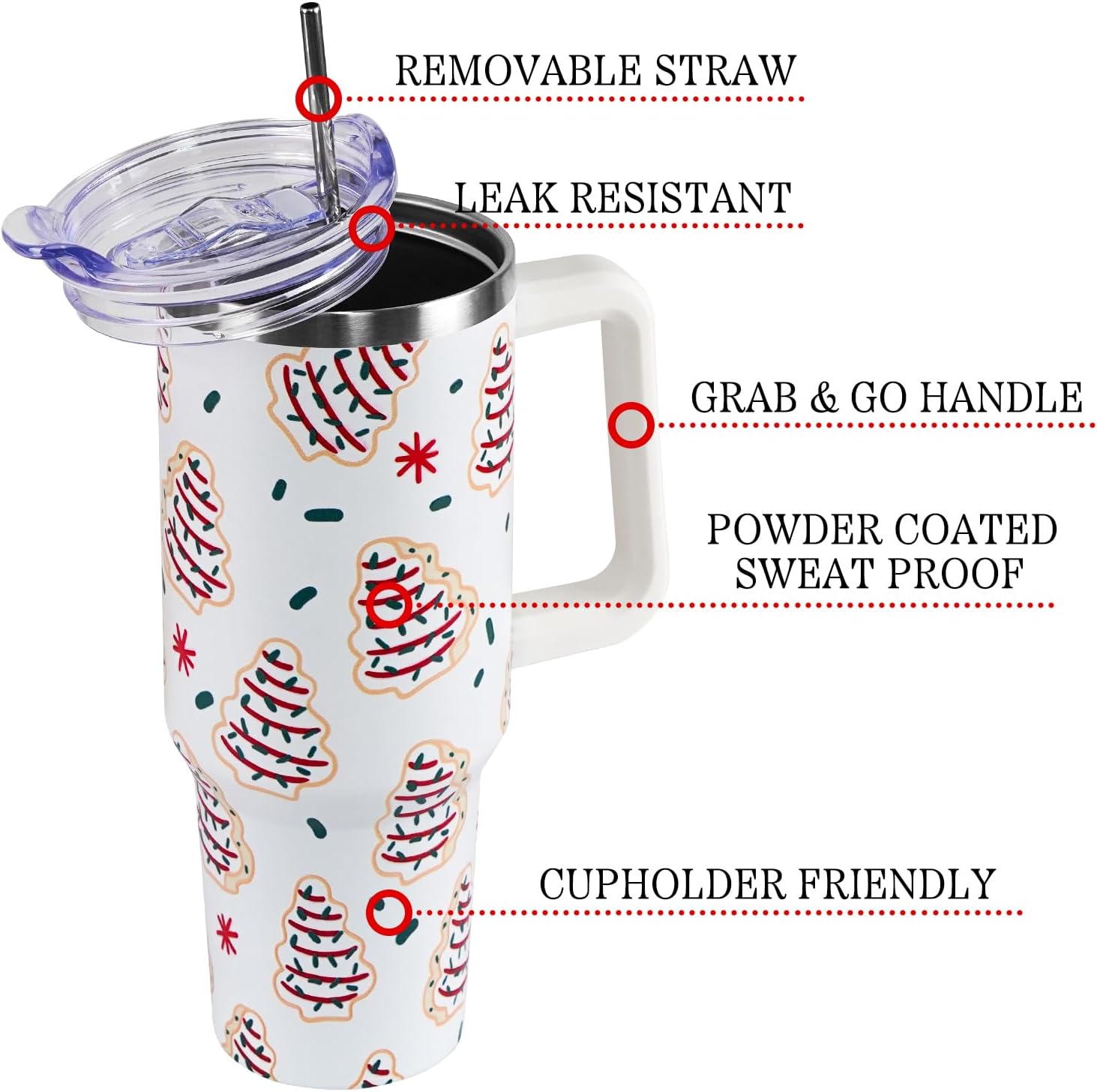 Christmas Cakes Tumbler with Handle and Straw Lid 40 oz,Cute Merry Xmas Tree Cake Gifts for Women Vacuum Insulated Leak Proof Tumbler,Winter Holiday Accessories Stainless Steel Coffee Cup Mug