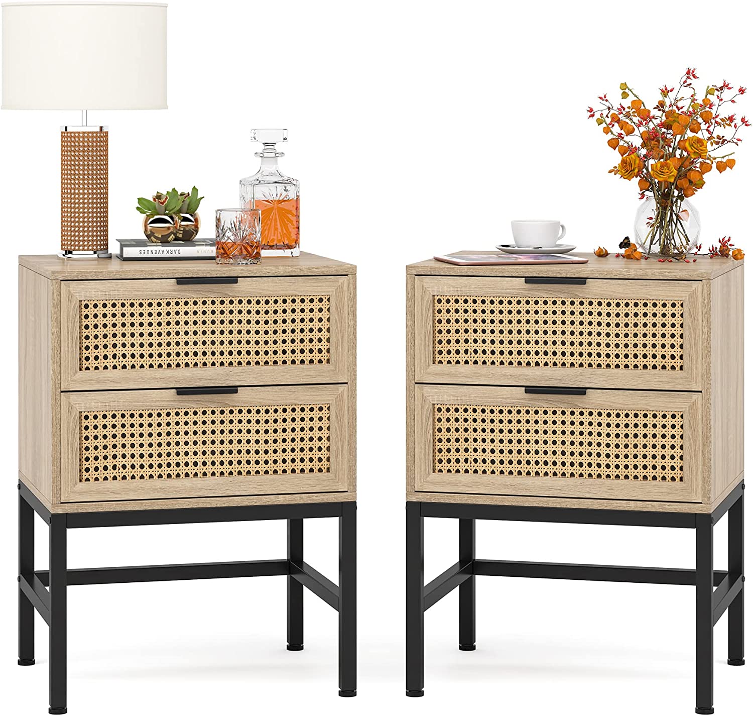 Tribesigns Nightstands with 2 Rattan Drawers Set of 2, Modern Wood