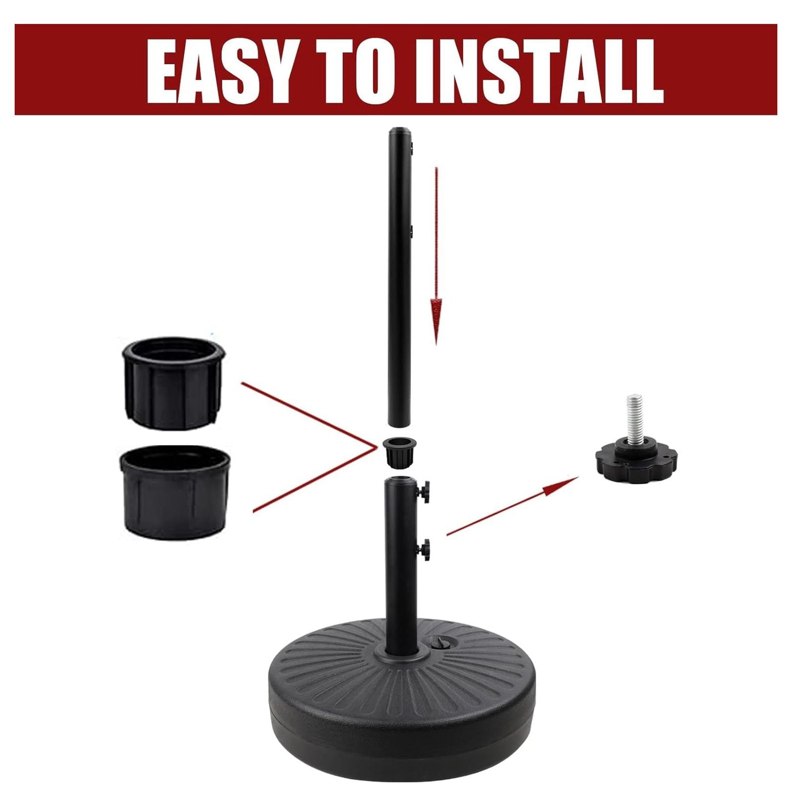 50LBS Round Umbrella Base Water Filled with Steel Holder Heavy Duty Fillable Umbrella Base Stand for Outdoor Patio Lawn Garden (Black)