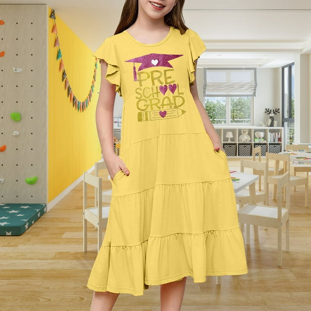 Robes pour Filles Cuhk Robe Imprimée à Manches Volantées pour Enfants pour la Saison des Remises de Diplômes, pour le Quotidien et les Activités Extérieures, Coupe Confortable