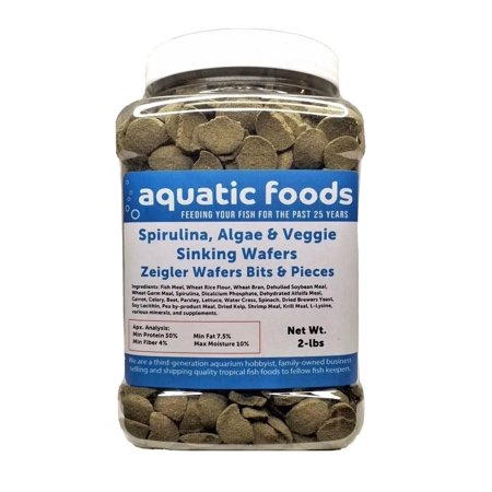 BITS & PIECES of Spirulina, Algae & Veggie Sinking Wafers for Bottom Fish, Shrimp, Snails, Crabs, Crayfish, All Tropical Fish…2-lb Med Jar