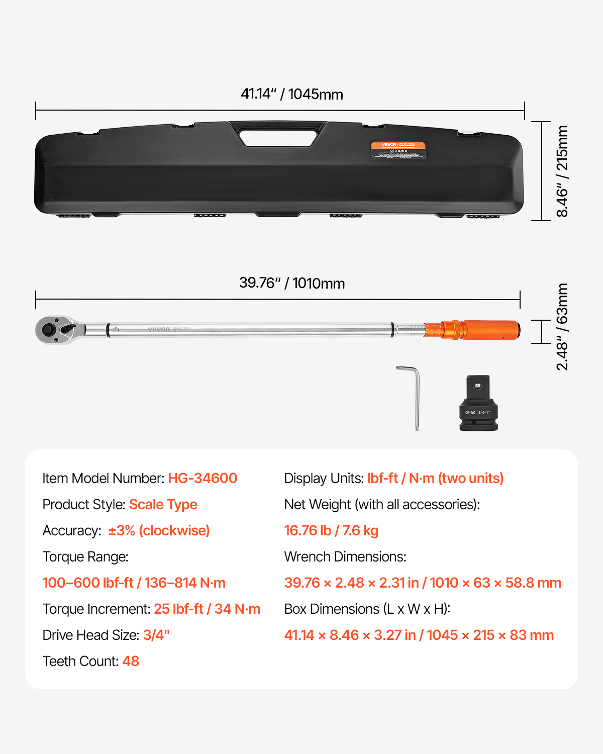 VEVOR Click Torque Wrench, 3/4 Inch Drive, 100-600 lbf-ft / 136-814N.m, Dual-direction Torque Wrench Set with Dual Range Scales, 48-tooth, ±3% High Precision, Alloy Steel, for Automobile Repair