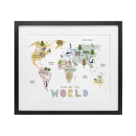 Map Of World Pastel Animals Black Framed Print Under Glass, design by Carla Daly