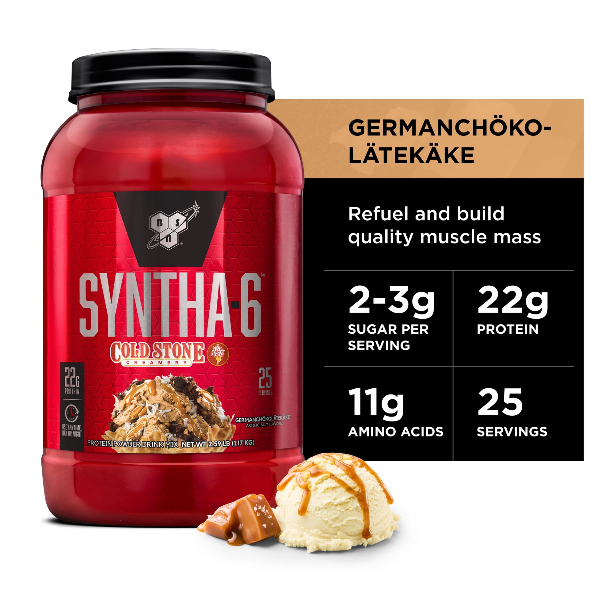 BSN Syntha-6 Whey Protein Powder, Cold Stone Creamery- Germanchökolätekäke Flavor, Micellar Casein, Milk Protein Isolate Powder, 25 Servings