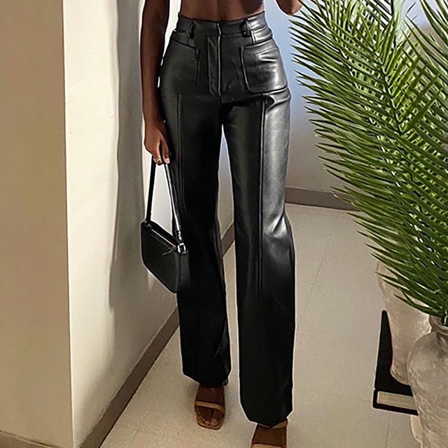 Pantalones de cuero de imitación para mujer, cintura alta, bolsillo push up, pantalones elásticos de Abanopi Negro/Medio