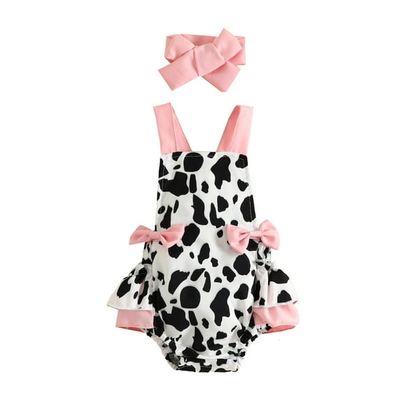 Gunia Baby Girl Outfits Sleeveless Strawberry Cow Printed Ruffles Backless Bodysuits Headbands Set Girl Romper Clothes Set 0-18 Months