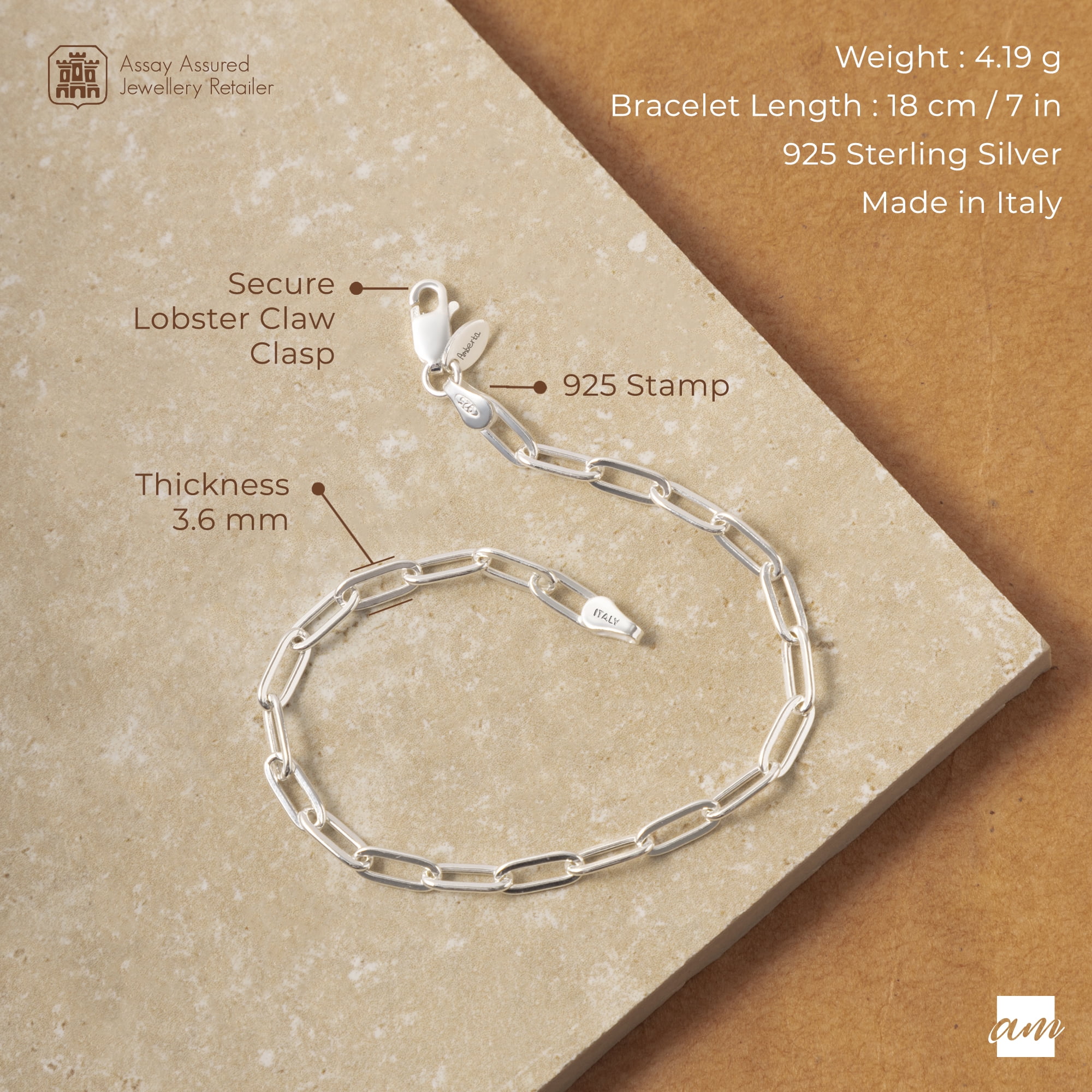 Amberta Solid 925 Sterling Silver Paperclip Bracelet for Women Men | Italian Paperclip Link Chain Bracelet | Silver Link Charm Bracelet: 7 inch Chain Link Silver Bracelet 3.6 mm