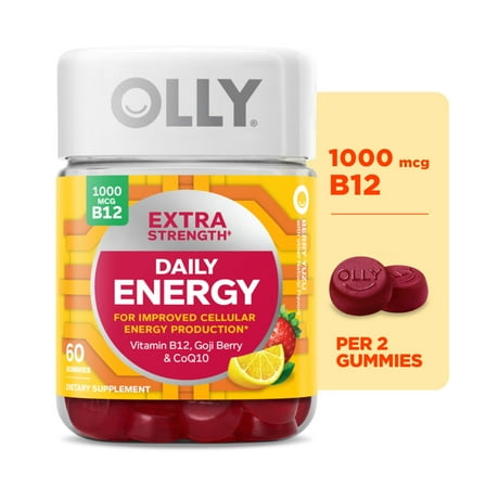OLLY Extra Strength Daily Energy Gummy Supplement, 1000 mcg Vitamin B12, 60 Count