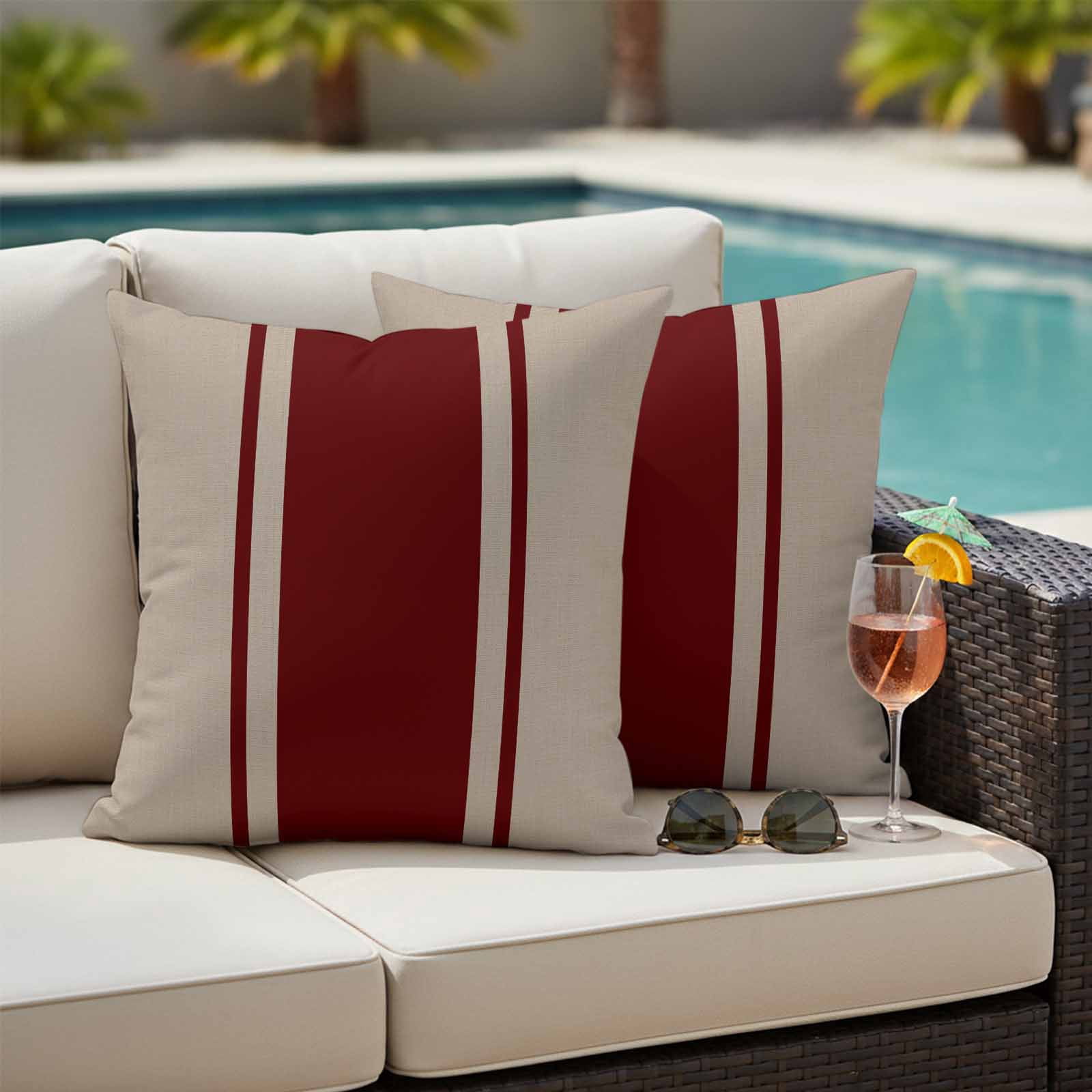 Outdoor Pillow Covers Waterproof, Simpler Red Line Decorative Square Throw Pillowcases Patio Cushion Covers for Tent/Garden, 16" x 16" 2 Pack, Farmhouse Red Striped Abstract