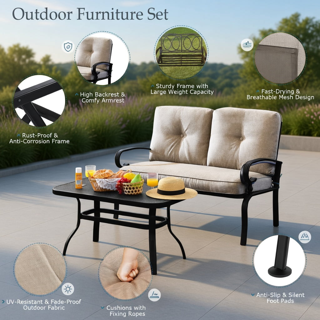 Hommoo 2-Piece Outdoor Patio Loveseat & Coffee Table Set, Steel Frame with Cushions, Weather-Resistant Garden Bench Set for Balcony, Poolside, or Living Room, Beige