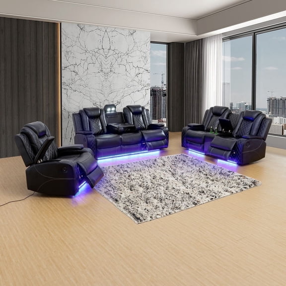 FUOROLA Faux Leather Indoor 3-Piece and Upholstered Recliners with 3 Seat Sofa Loveseat and Chair, Black