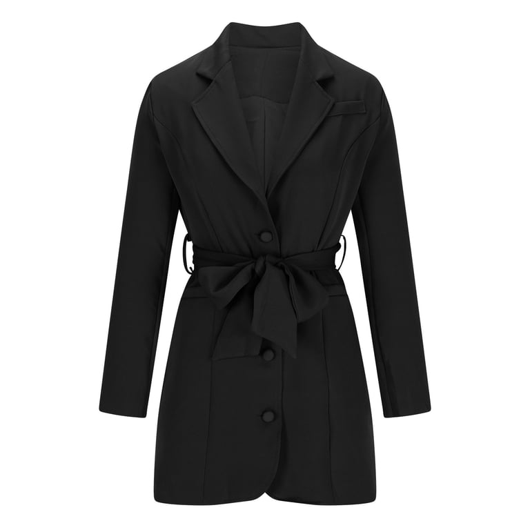 belted blazer dress black Black Silver Button Belted Blazer Dress