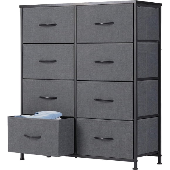 DUMOS 8 Drawer Dresser for Bedroom, Fabric Storage Organizer with Sturdy Metal Frame, Wooden Top Chest of Drawers for Closet Entryway Guest Room, Grey
