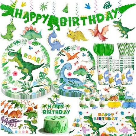 175pcs Dinosaur Birthday Decorations: Plates, Napkins, Banner, Tablecloth, Cake Topper, Serves 25 – Home Decor