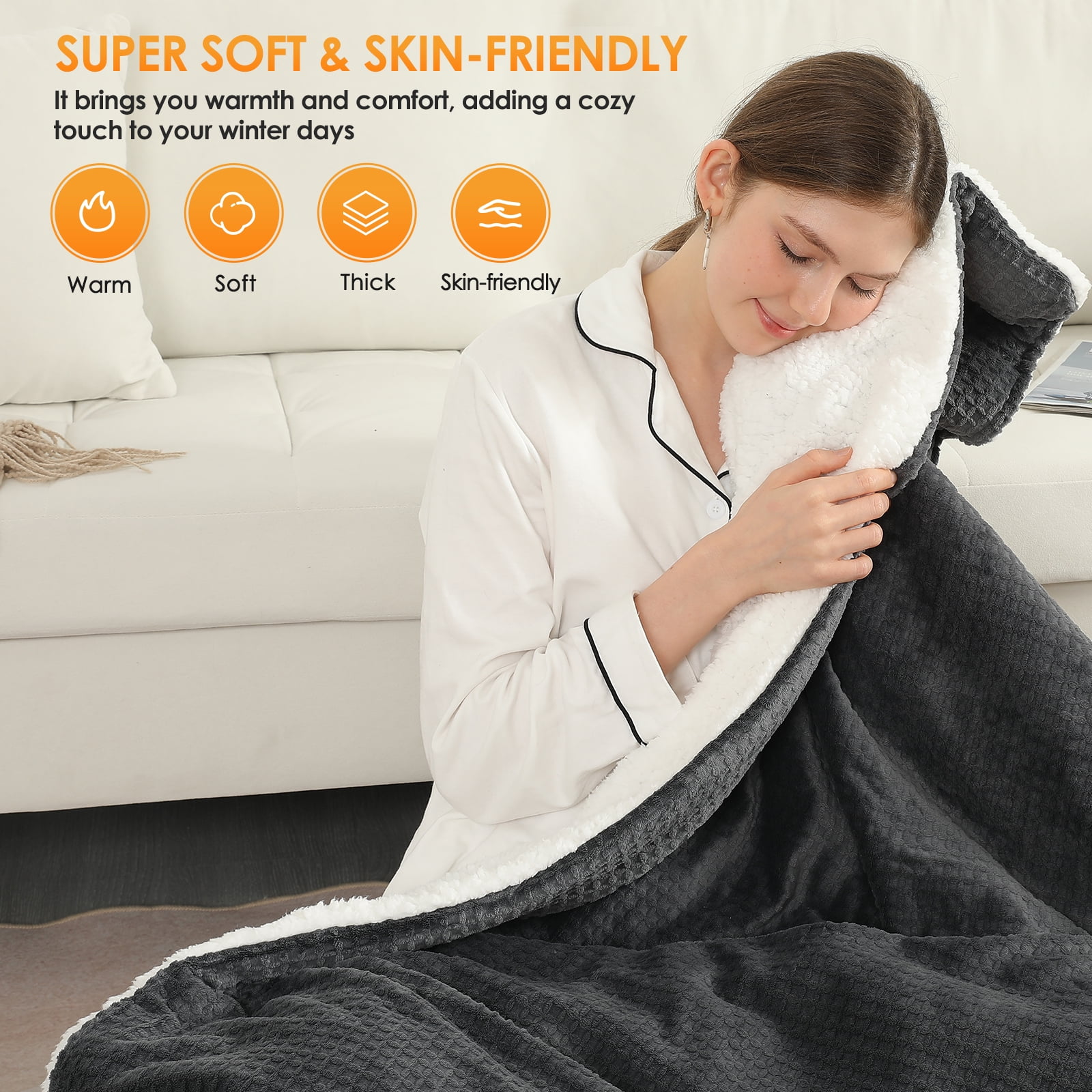 TRUSTWARMTH Electric Heated Blanket Throw - 50" x 60" Fast Heating Blanket with 6 Heating Levels & 4 Hours Auto off, Soft Sherpa & Waffle Pattern,Dark Gray