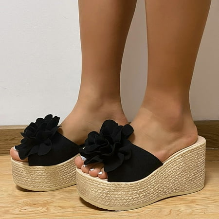 

Aayomet Women s Slippers Fashion Spring And Summer Women Sandals Wedge Heel Flower Thick Sole Casual Style Black 9.5