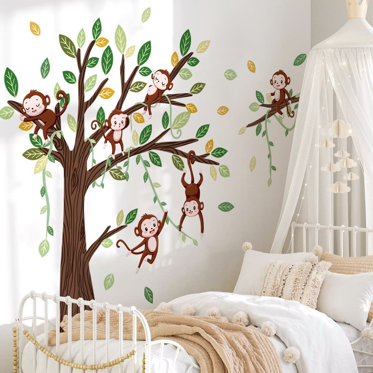 Monkey Climbing Tree Wall Decals Monkey wall decal Jungle Animals Wall Stickers Green Tree Vine Wall Decal Peel and Stick Wall Stickers Kids Baby Nursery Girl Boy Bedroom Playroom Wall Decor