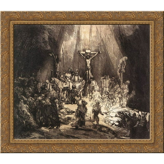 The Three Crosses 20x20 Gold Ornate Wood Framed Canvas Art by Rembrandt