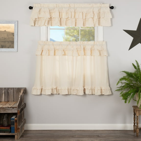 VHC Brands Muslin Ruffled Unbleached Natural 3 PC Creme Ruffled Curtain Set (1 Valance 16x72 and 2 Tier 36x36)