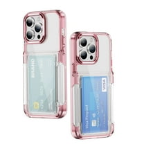 ELEHOLD for iPhone 15 Pro Case,Clear Card Holder Kickstand Credit Card Slot Soft TPU Hard PC Slim Bumper Anti-Scratch Shockproof Protective Wallet Case for iPhone 15 Pro,Pink