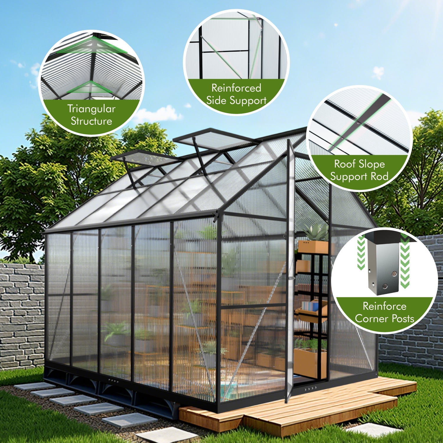 Sylviera 8x10ft Walk-in Greenhouse with Thermometer, Polycarbonate Panels, Reinforced Aluminum Frame, Large Backyard Green House with Roof Vents & Rain Gutter