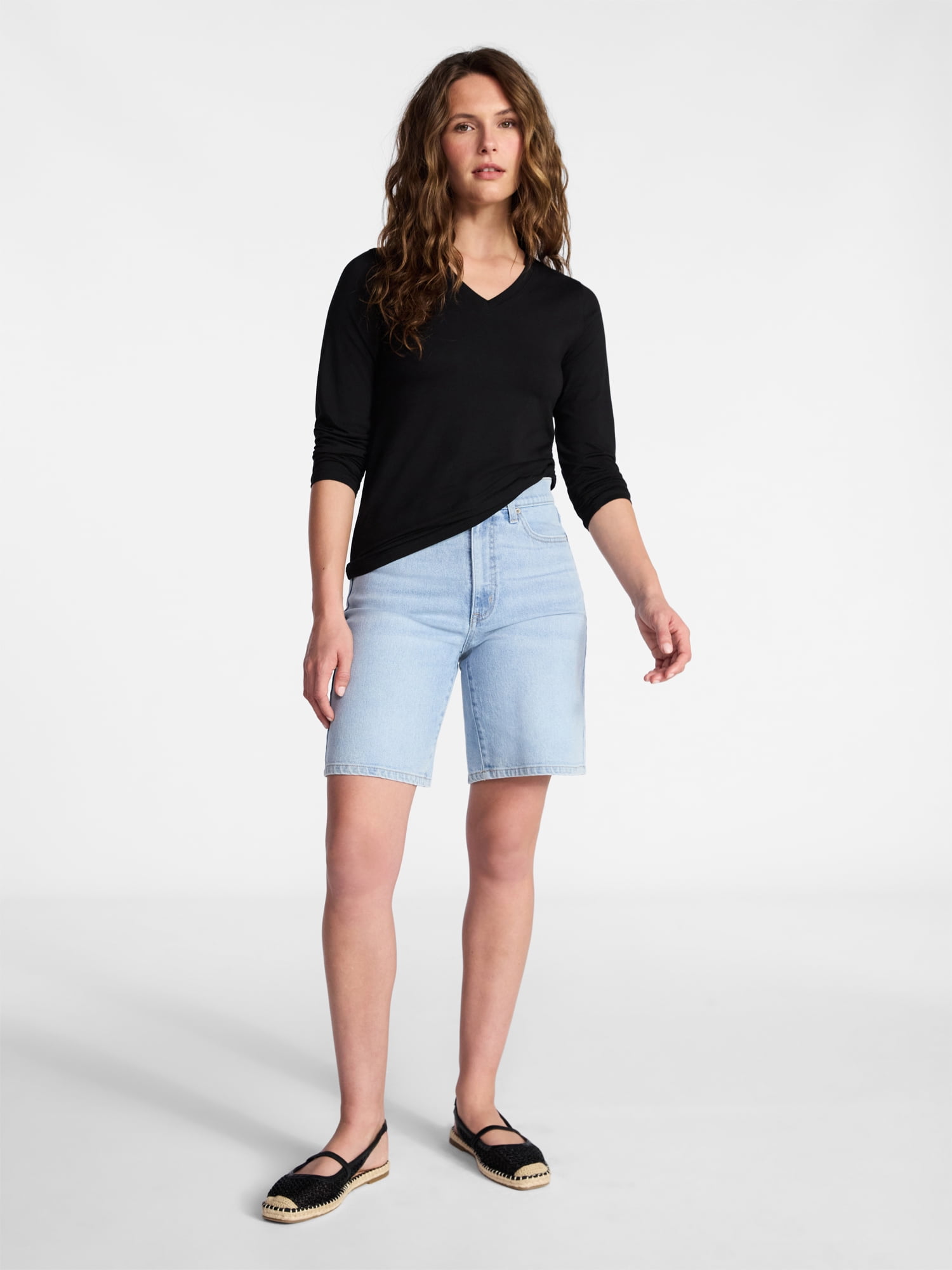 Time and Tru Women's Slim V-Neck Tee with Long Sleeves, Sizes XS-XXXL