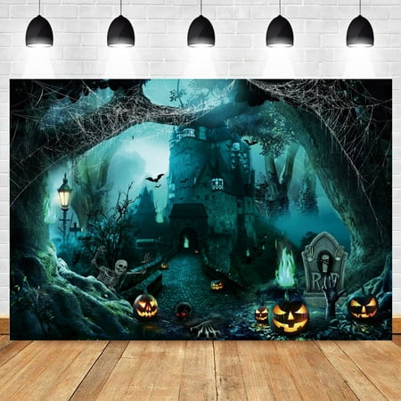 Image of Halloween Party Backdrop Horror Skull Pumpkin Lantern Night Zombie Tomb Witch Castle Baby Portrait Photography Background Banner