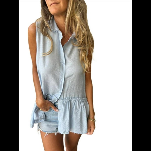 Blusas Tipo Babydoll Peplum Sin Mangas de Verano para Mujer, Informales, Holgadas y Estilo Túnica. Azul S