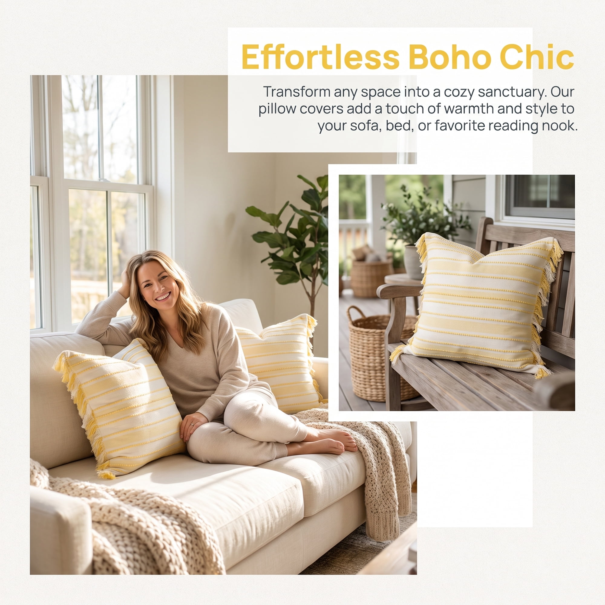 Unique Bargains Boho Stripe Throw Pillow Covers 2 Pack Tassel Cushion Cases Yellow 18"x18"