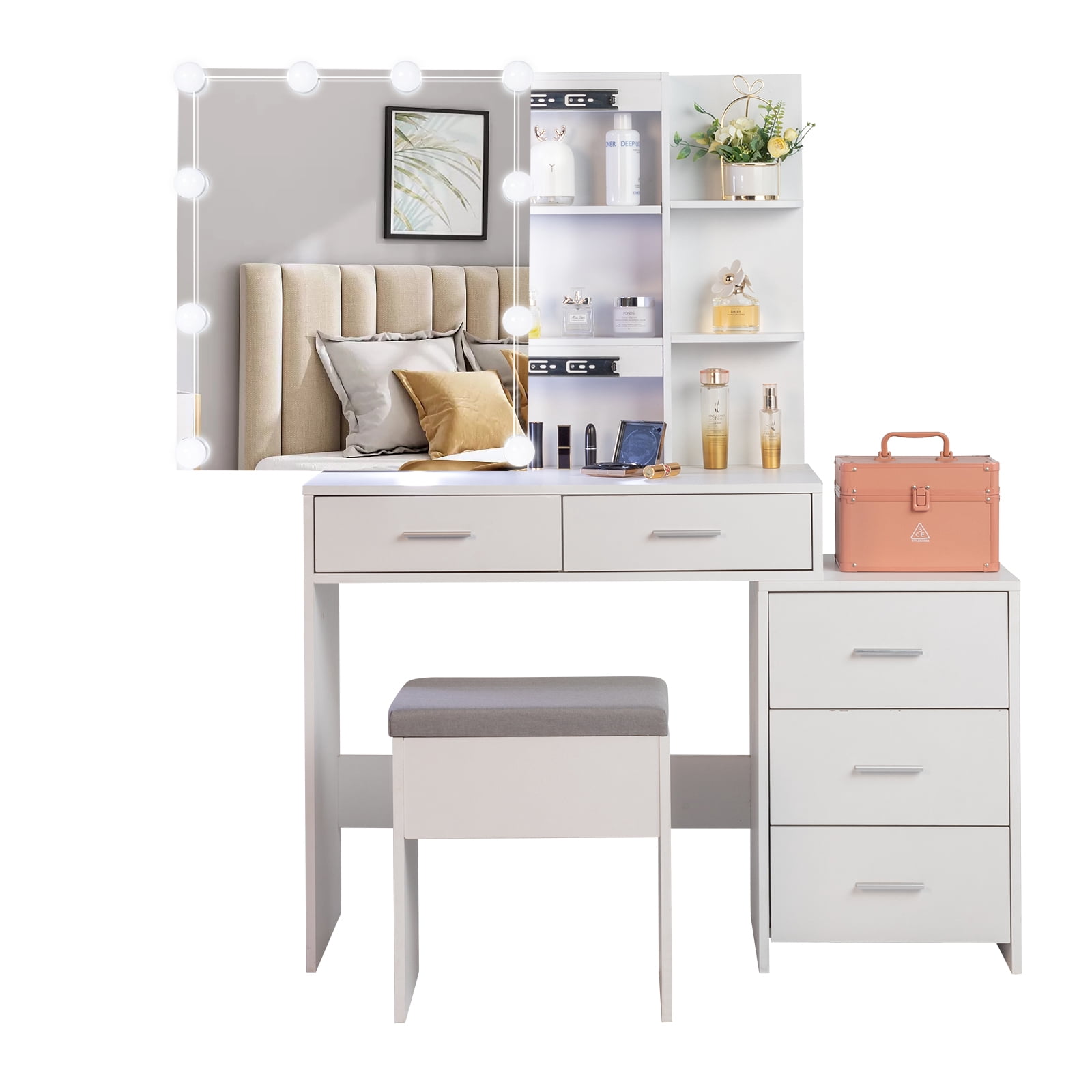 Ktaxon Vanity Set with 3 Color Lighted Mirror, Makeup Table with 3 Storage Shelves & Drawers, Dressing Table Makeup Desk with Stool,White