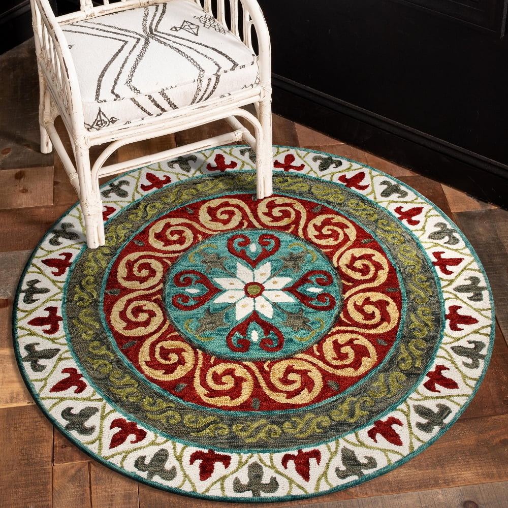 LR Home Wren 5' Round Green/Red Bordered Medallion Indoor Area Rug
