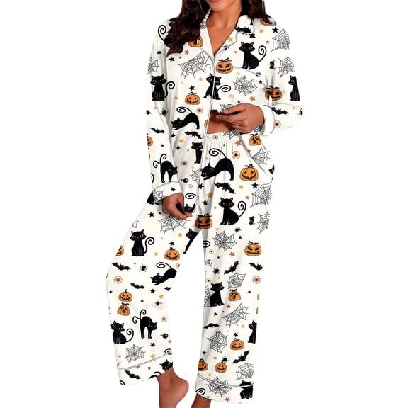Womens Halloween Pajamas Long Sleeve Button Down Collar Shirt Long Pants Comfortable Loungewear 2 Piece Pajama Set for Women White L
