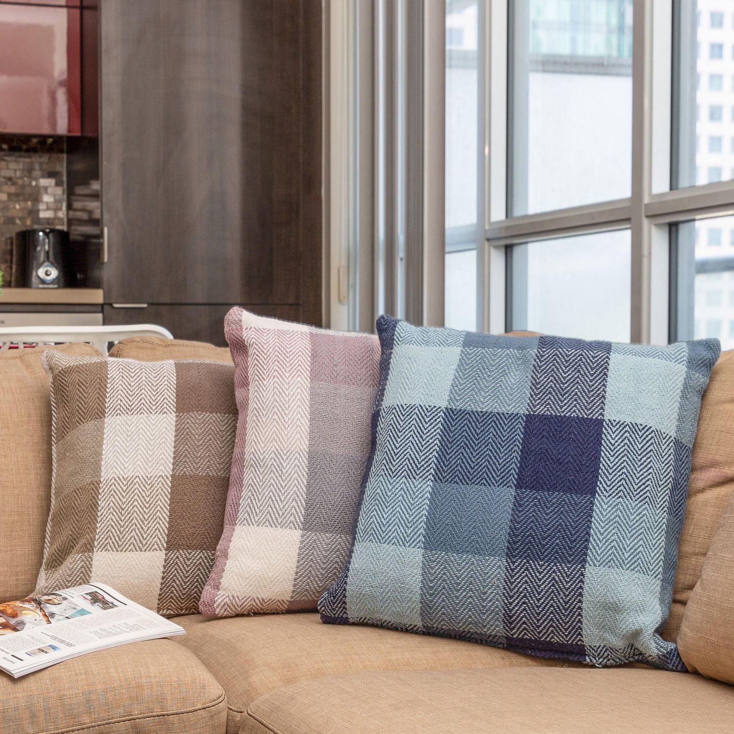 Herringbone Check Cotton Cushions Set of 2 Poly Filled With Zipper Machine Washable