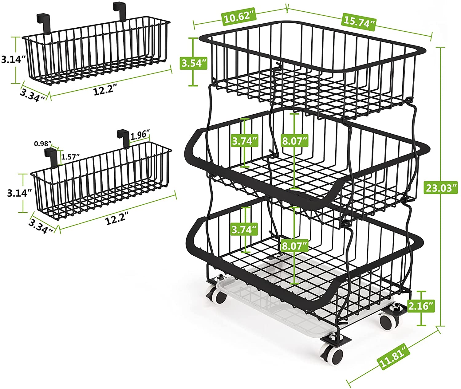 3 Tier Fruit Basket, Stackable Metal Wire Basket Cart with Rolling Wheels