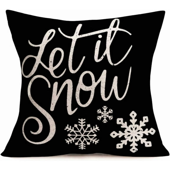 Let It Snow Black Throw Pillow Covers Christmas Xmas Snowflake Outdoor Decor Cotton Linen Pillow Cases Cushion Cover Square Winter Pillow Sham for Sofa Couch 18x18 Inch(Let it Snow-B)