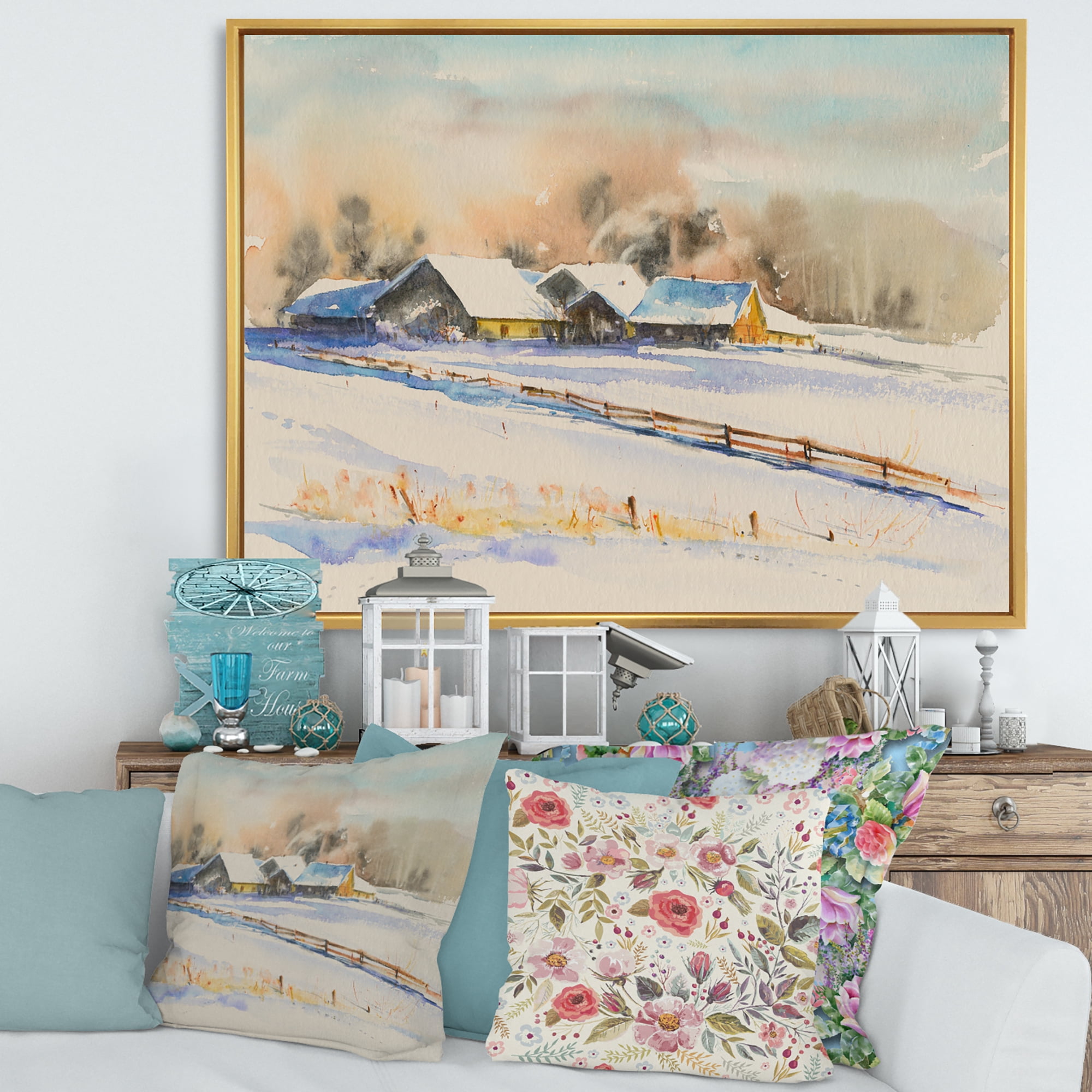 Small VIllage At Evening Covered With Snow 32 in x 16 in Framed Photography Canvas Art Print, by Designart