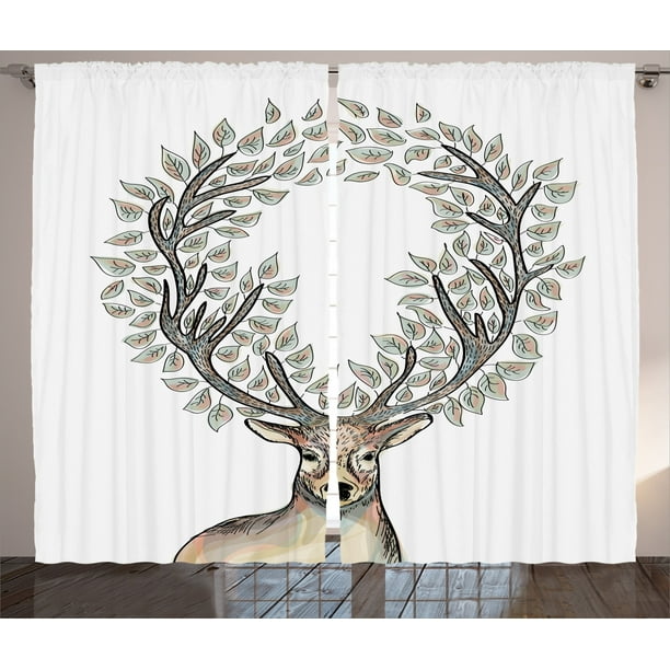 Deer Decor Curtains 2 Panels Set, Trendy Hipster Reindeer With Floral ...