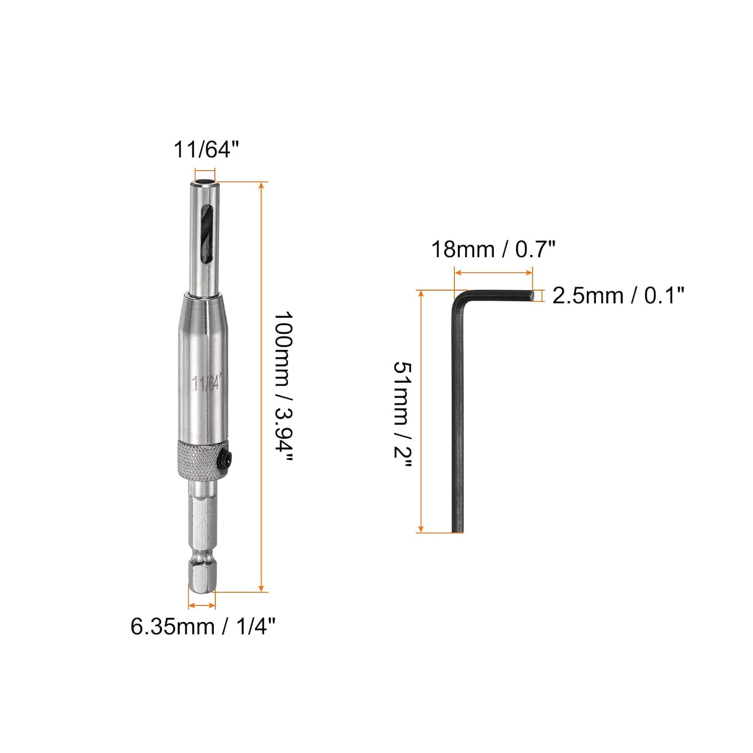 FRKSMD-2pcs Self Centering Drill Bit Set 11/64", 1/4" Hex Shank Drilling Bits for Wood Working, Cabinet Door Hinge Hole Punch Tool Self Center with Hex Keys L-Shaped, Silver