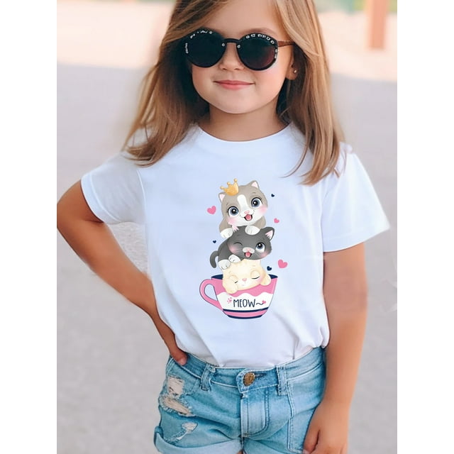 T-Shirt Fille Imprimé Chats Adorables - Coton Confortable, Manches Courtes, Col Rond - Parfait pour s'Amuser en Été en Plein Air
