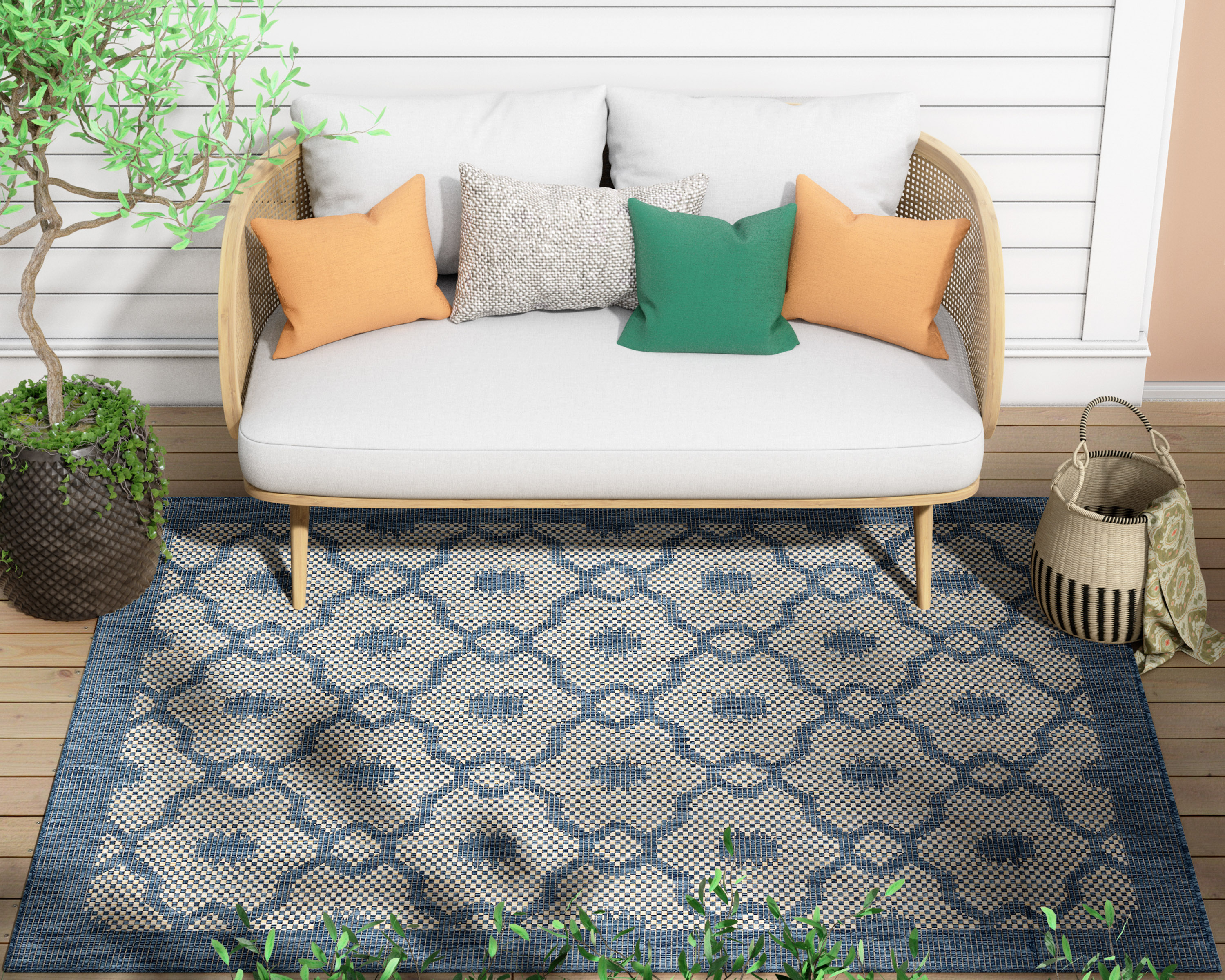 Well Woven Medusa Sol Lattice Trellis Blue 7'10" x 9'10" Indoor/Outdoor Flat-Weave Area Rug