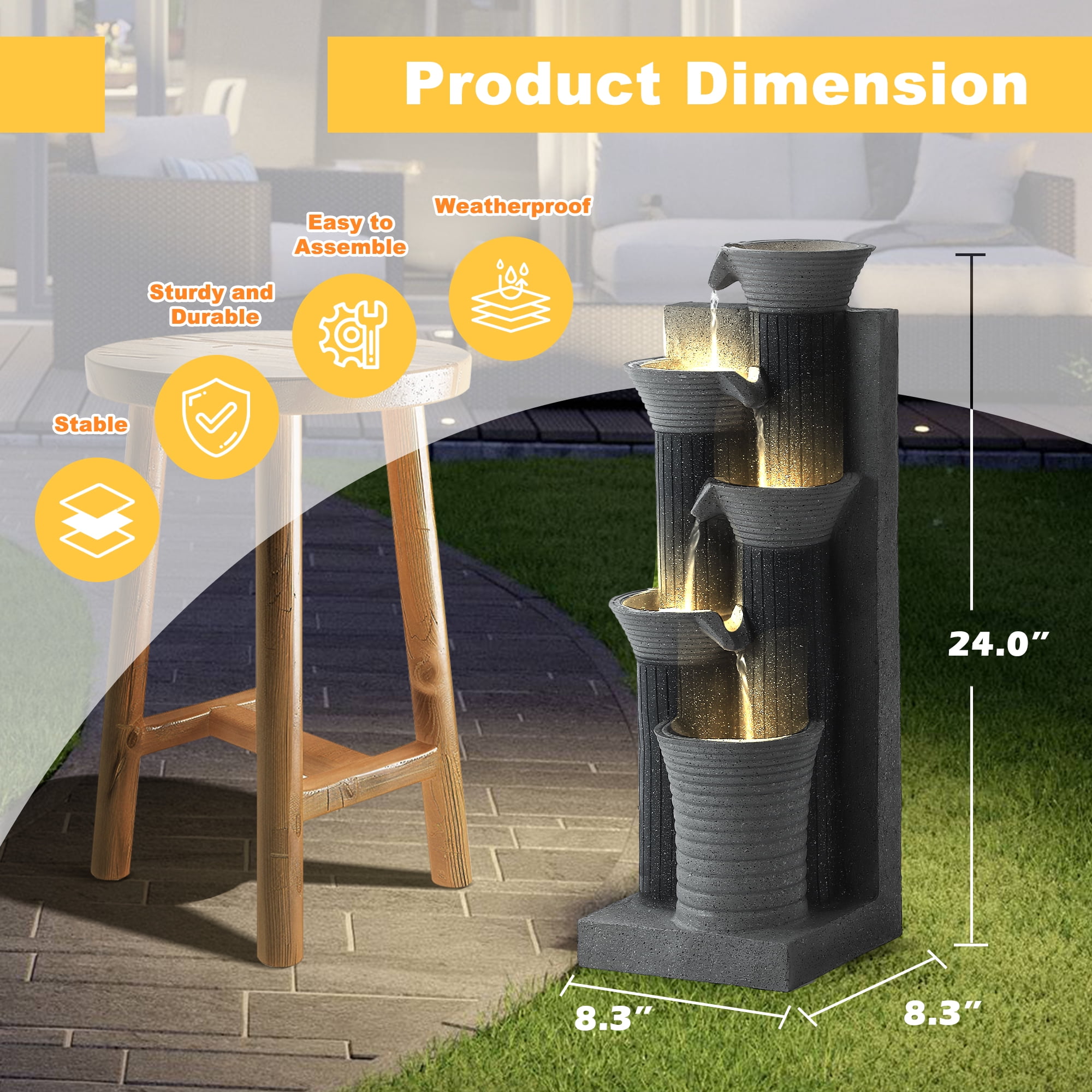 Magic Union Outdoor Water Fountain, 5 Tiers Cascading Waterfall Indoor Water Feature Garden Decor with LED Lights, Fountains Outside Patio Resin for Yard, Deck, Porch and Home, Bamboo Elements