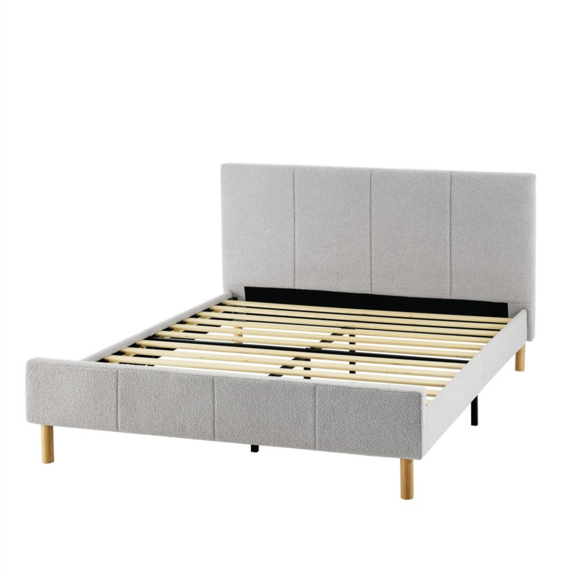 AENKYO Queen Size Upholstered Platform Bed Frame with Soft Teddy Velvet Headboard, No Box Spring Needed, Gray
