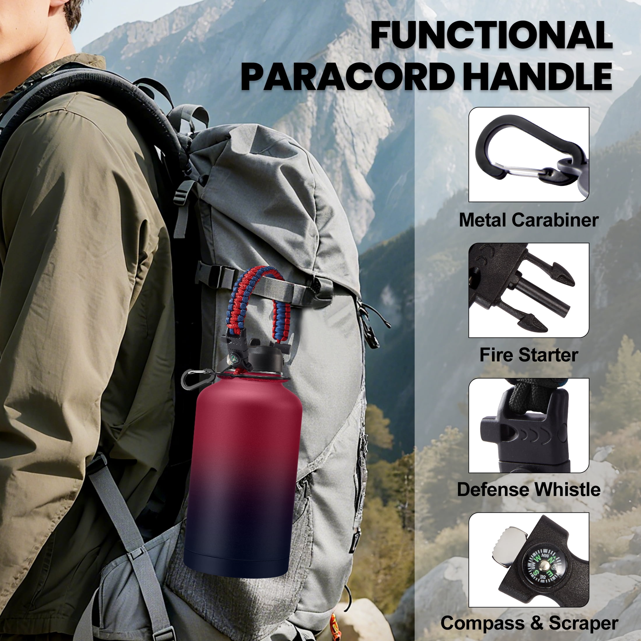 64OZ Insulated Sports Water Bottle - Half Gallon Stainless Steel Water Bottle with Straw, Carrier Bag, Paracord Handle, Big Water Jug for Hiking Camping