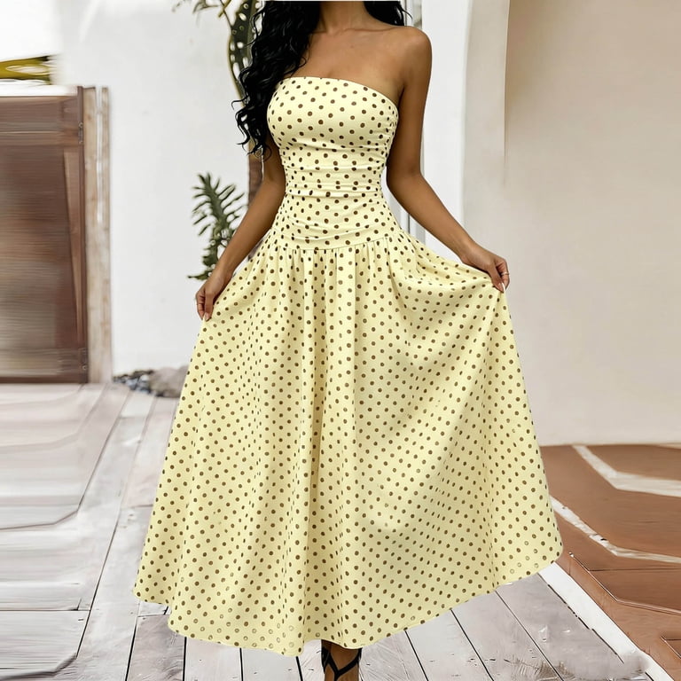 SOOMLON Wedding Guest Dresses Plus Size Strapless Empire Waist Long Dress Swing A Linen Polka Dot Dress Cocktail Dress