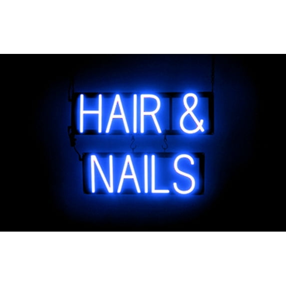 SpellBrite HAIR & NAILS LED Sign for Business. 20.8" x 15.0" Blue HAIR & NAILS Sign Has Neon Sign Look With Energy Efficient LED Light Source. Visible from 500+ Feet, 8 Animation Settings.