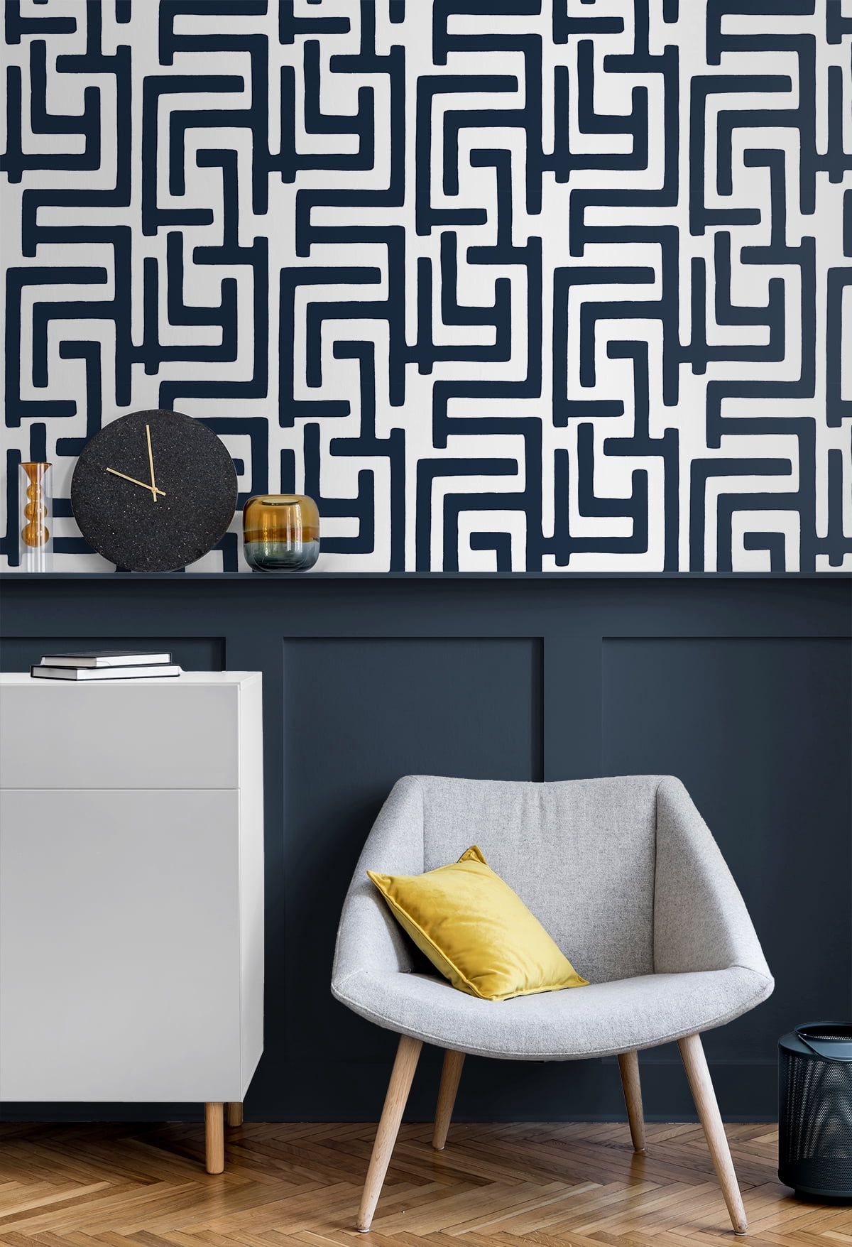 NextWall Dark Blue Graphic Maze Peel and Stick Wallpaper