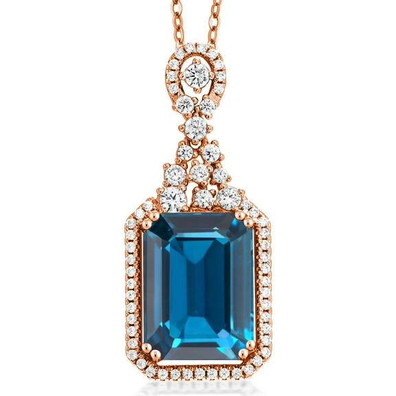 Gem Stone King 18K Rose Gold Plated Silver London Blue Topaz Pendant Necklace for Women (10.10 Cttw, Gemstone Birthstone, with 18 inch Chain)
